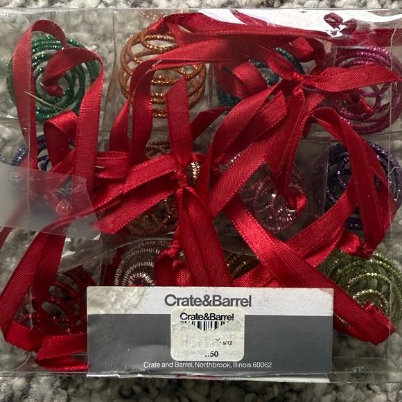 Crate&Barrel Multicolor Spiral Ornaments with Red Ribbon set of 12 - Picture 5 of 9